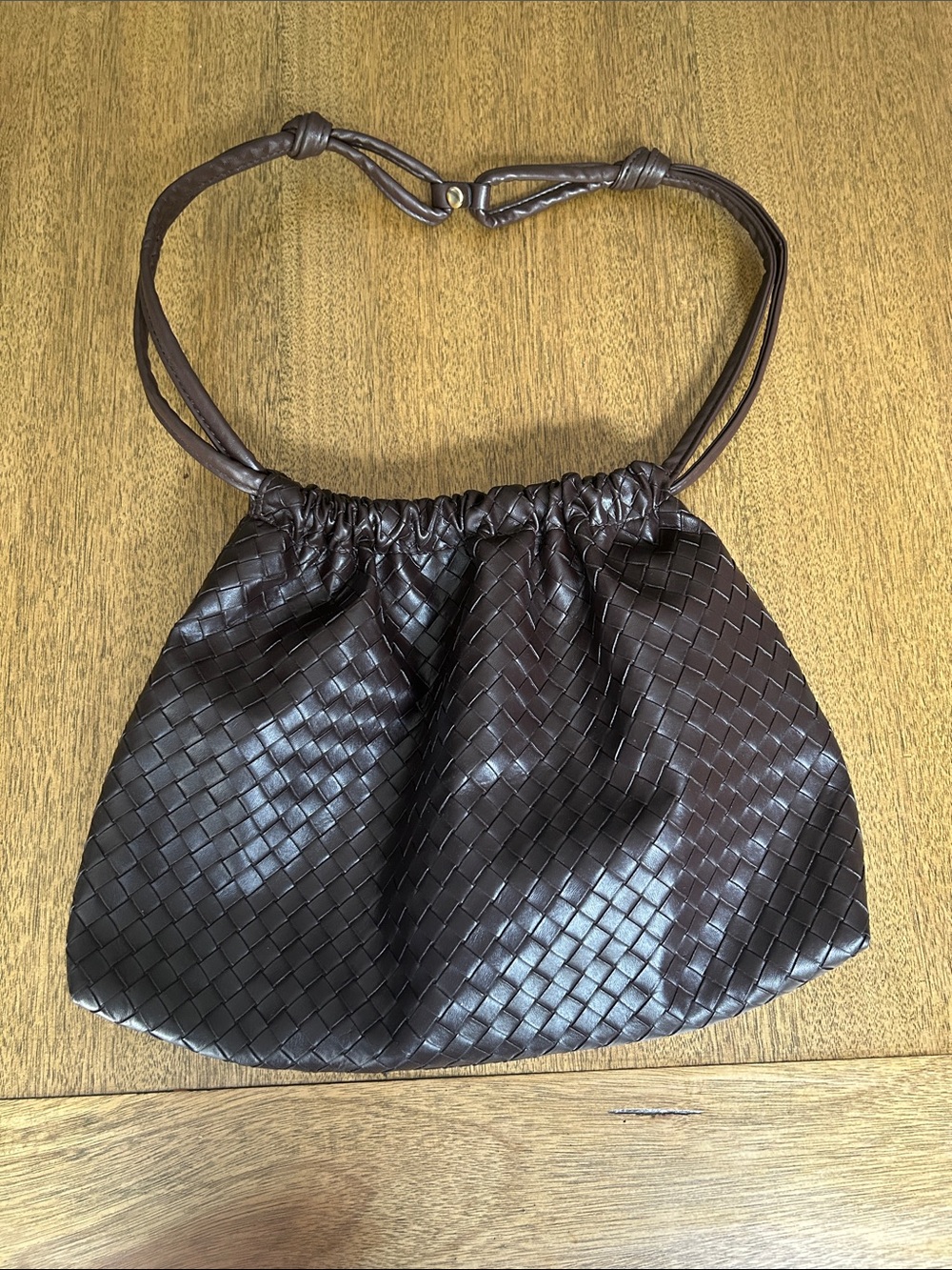 Woven Drawstring Shoulder Bag in Dark Brown Leather